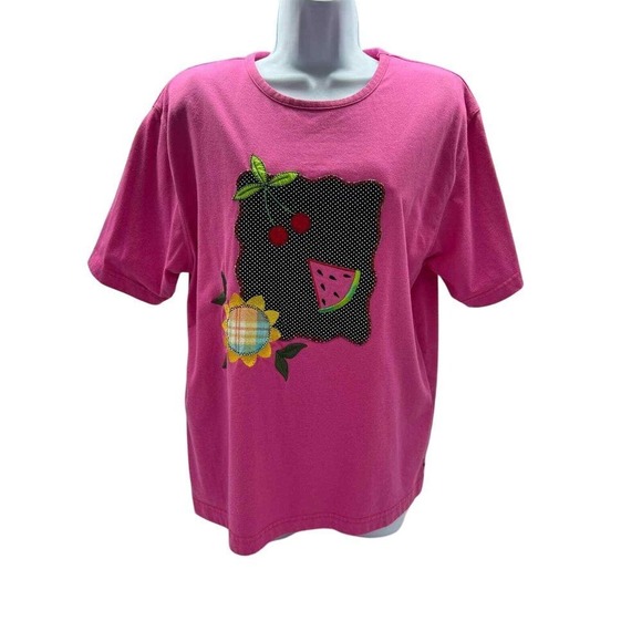 Renee Sport Tops - Vintage Renee M Sport Bright Pink TShirt L 14-16 Watermelon Cherry Summer Picnic